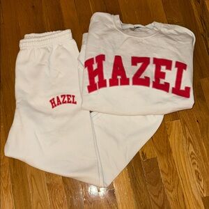 Hazel boutique White Sweatset with Red Logo
